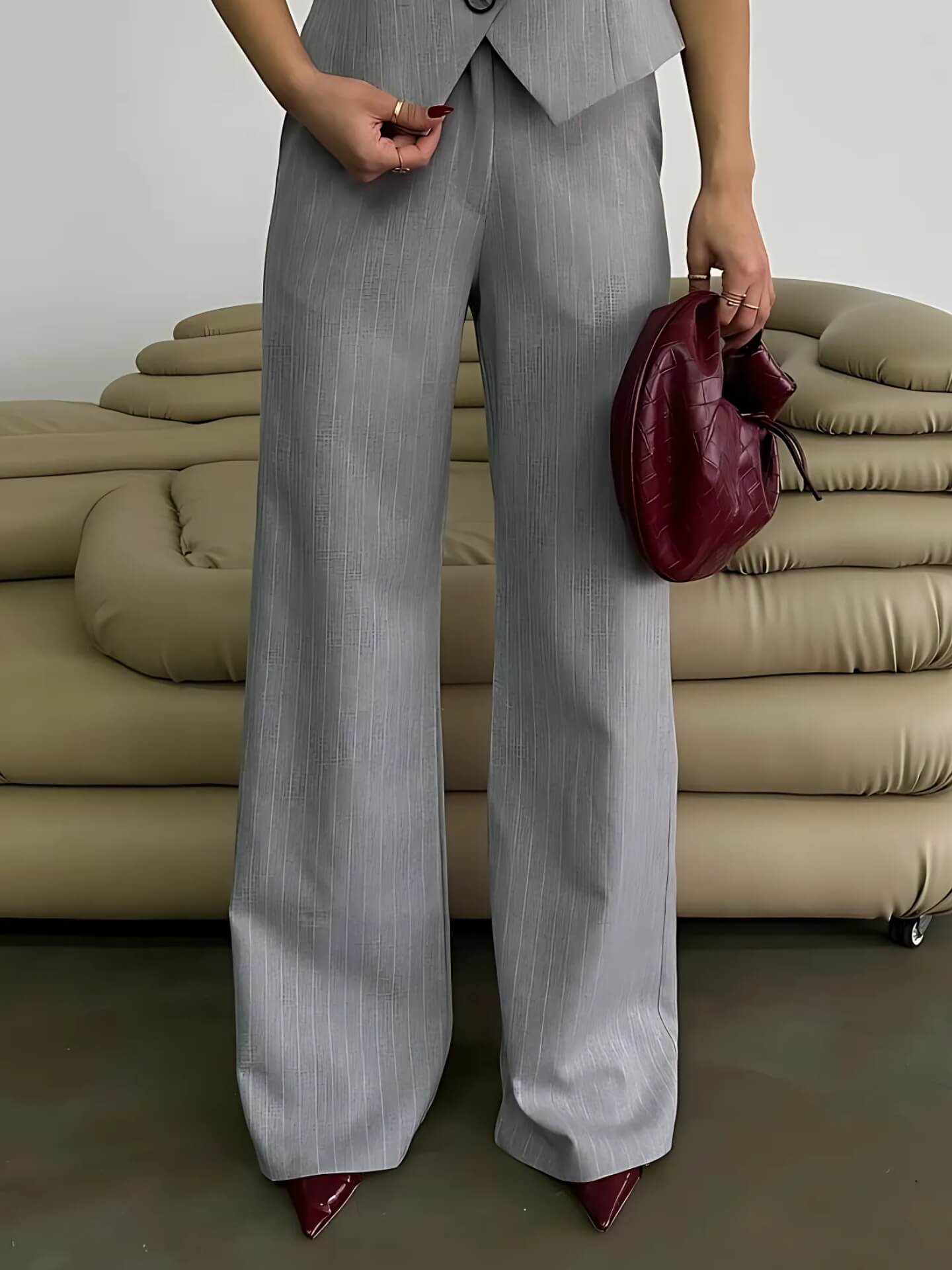 Gri Kadın Bol Paça Pantolon